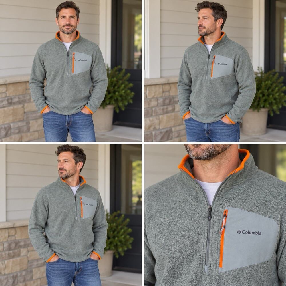 Columbia Omni Wick Fleece Pullover Mens XL Gray Orange Quarter Zip Hiking